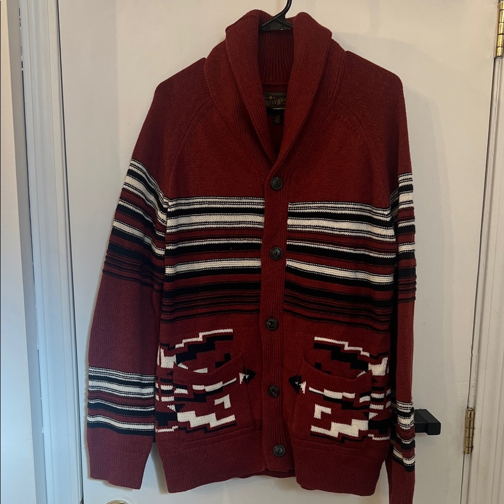 Lucky Brand Men's Shawl Collar Maroon Aztec Striped Cardigan Sweater
